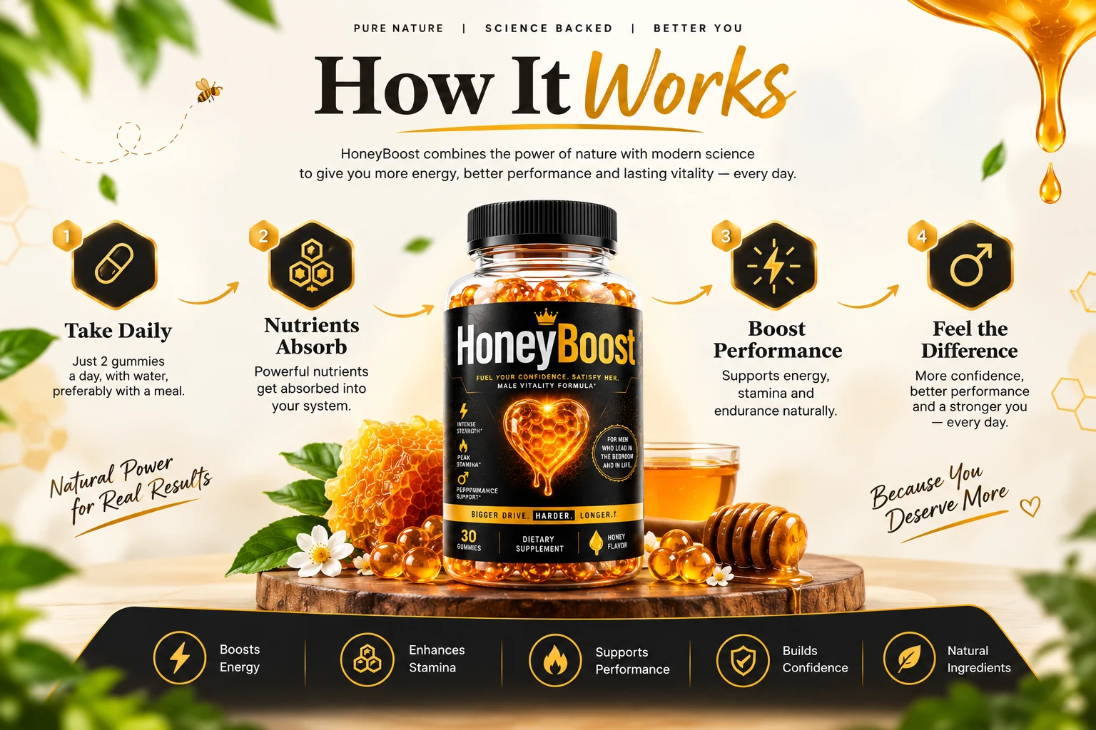 How HoneyBoost works: take daily, nutrients absorb, boost performance, feel the difference